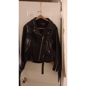 Vtg Bullskin Women's Fringed Leather Motorcycle Jacket Made In Korea Size 14